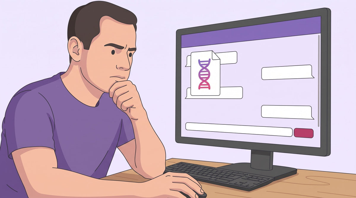 Illustration of a man at a desk pausing before adding a DNA file to a chat window