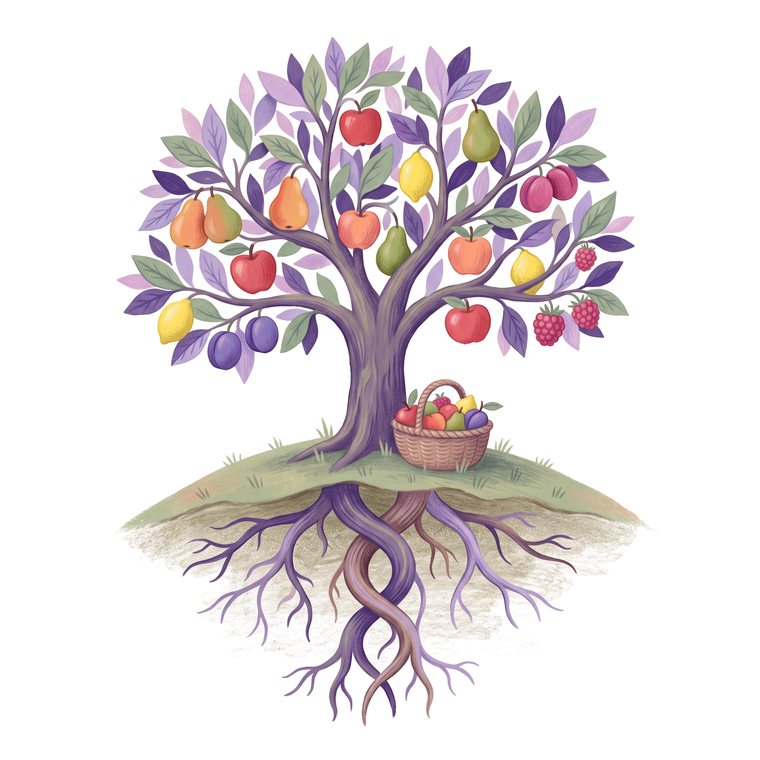 Drawing of a fruit tree whose roots twist into a strand of DNA.