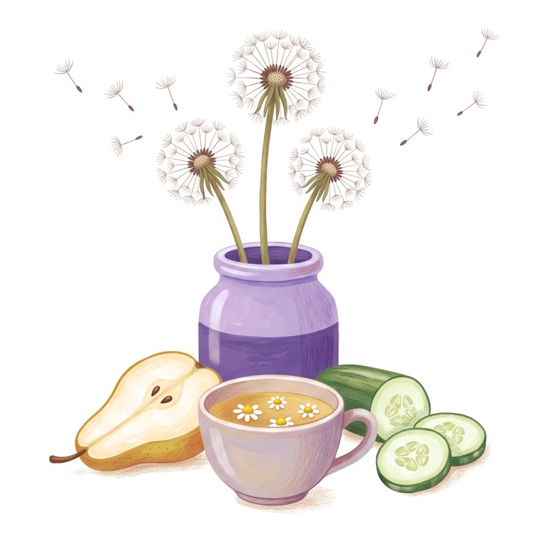Drawing of dandelion clocks in a lavender jar shedding their seeds, with a pear, cucumber and chamomile tea.