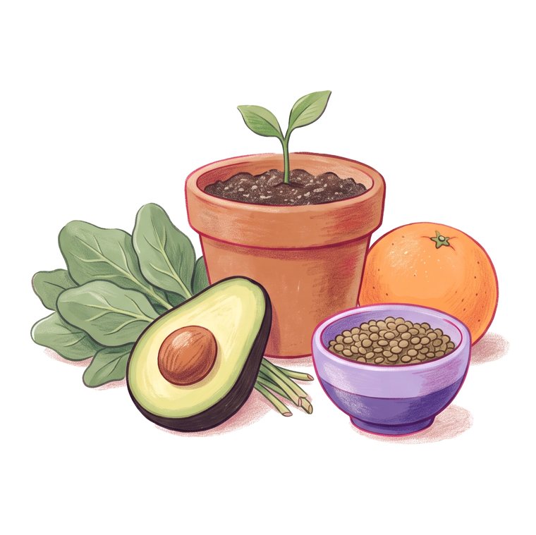 Drawing of a seedling in a clay pot, with an avocado, an orange, spinach and lentils.