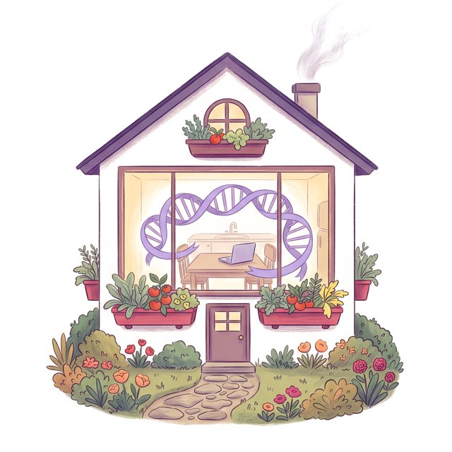 An illustrated cottage with a laptop glowing inside and a ribbon of DNA staying within its walls.