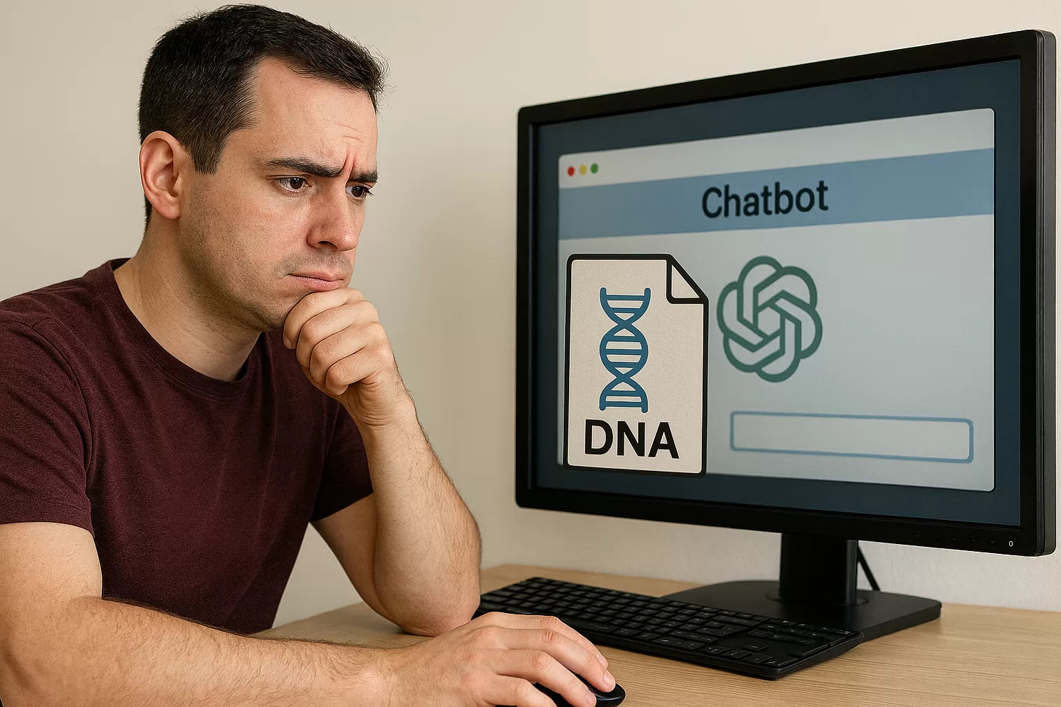 Person hesitating before dragging a raw DNA file into an AI chatbot window