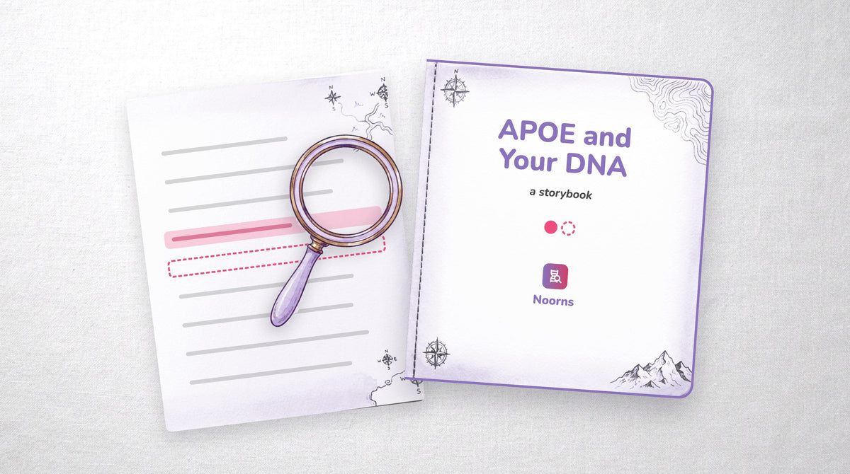A closed storybook titled APOE and Your DNA beside a raw DNA file page with two highlighted lines and a magnifying glass, on a pale desk.