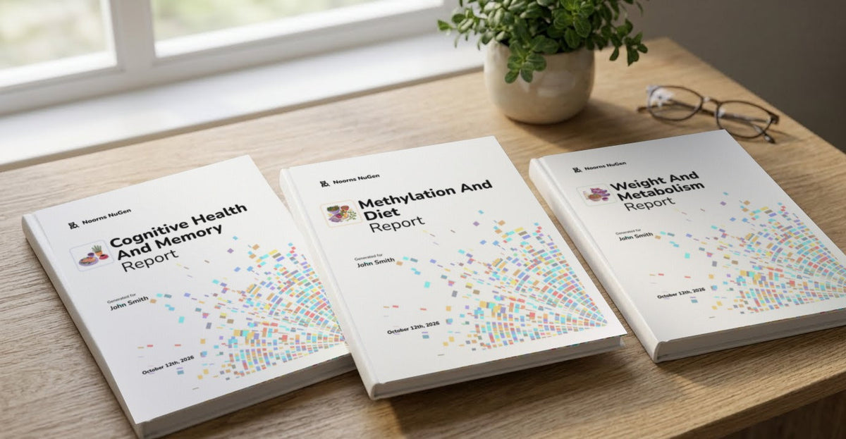 Three printed Noorns reports on a desk: Cognitive Health and Memory, Methylation and Diet, and Weight and Metabolism