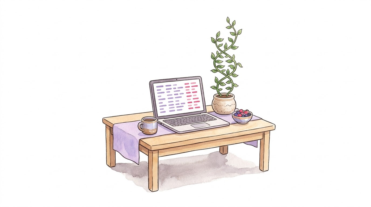 Watercolor illustration of a laptop on a wooden table showing rows of data, beside a potted plant whose vine twists into a DNA helix, with a mug and a bowl of berries.