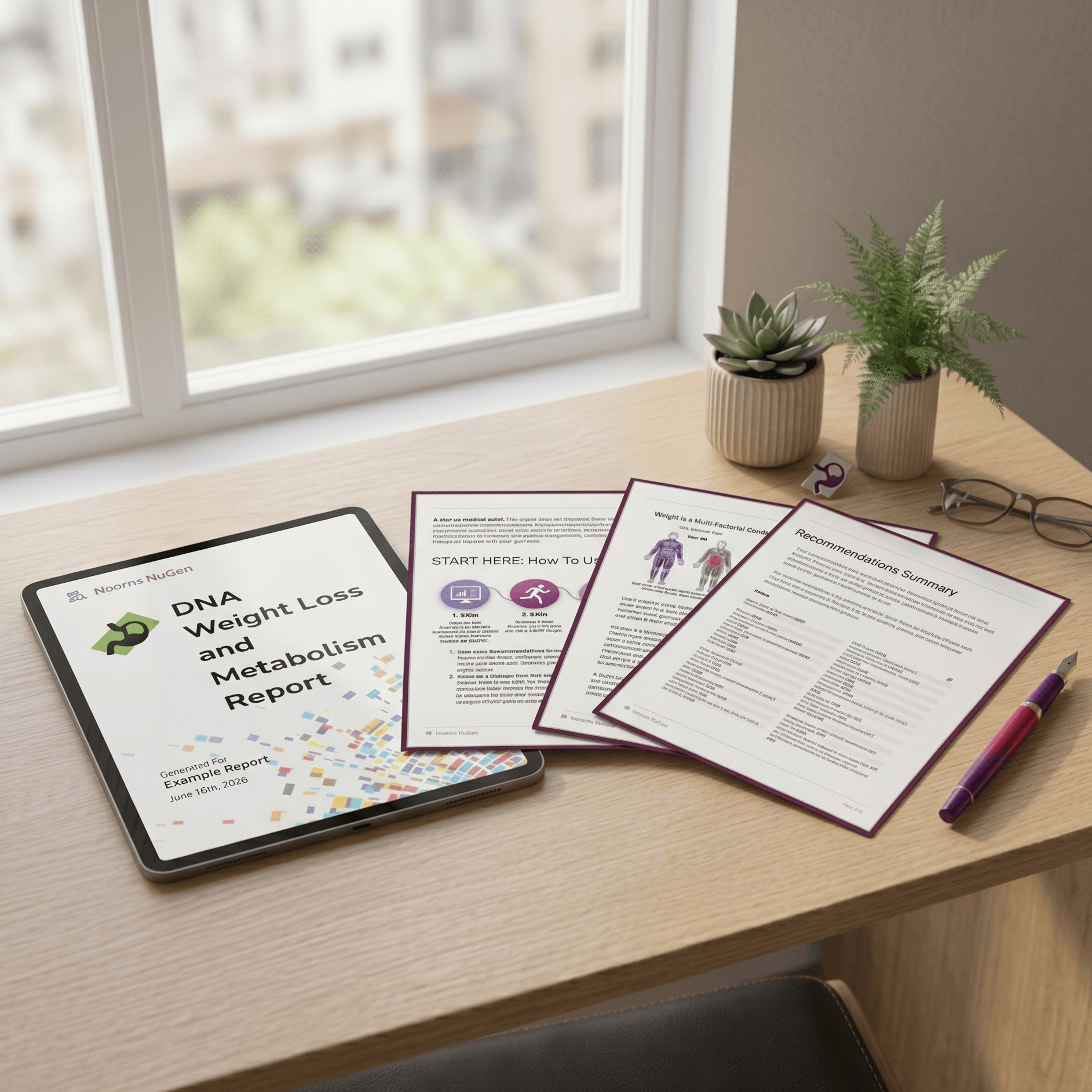 Tablet displaying a DNA weight loss and metabolism report on a desk with printed documents and a pen.