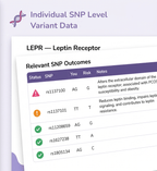 Screen displaying SNP variant data for the leptin receptor with relevant SNPs and their outcomes.