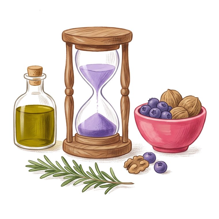 Drawing of an hourglass with olive oil, rosemary, blueberries and walnuts.