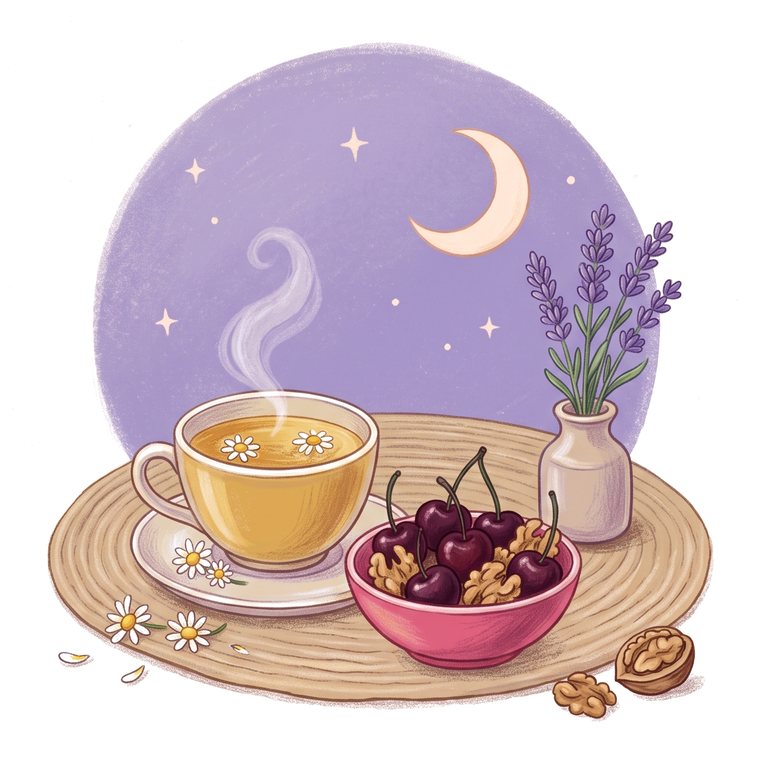 Evening drawing: chamomile tea, cherries and walnuts under a crescent moon, with lavender.