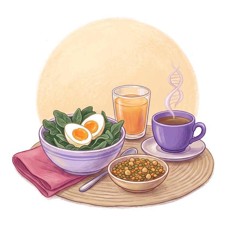 Morning breakfast drawing: greens with a boiled egg, orange juice and coffee in front of a rising sun.