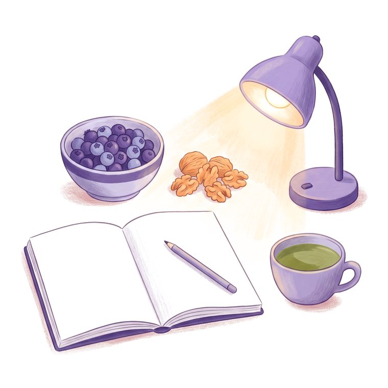 Drawing of a reading lamp over an open notebook, with blueberries, walnuts and green tea.