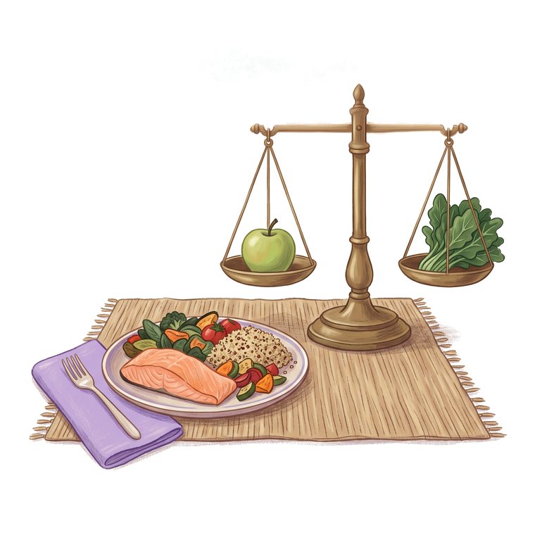 Drawing of a balance scale beside a plate of salmon, vegetables and grains.