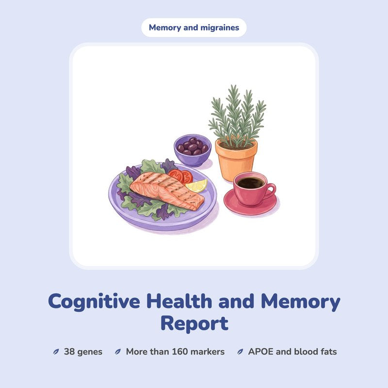 Cognitive Health and Memory Report: an illustrated plate of salmon and greens with olives, rosemary and coffee.