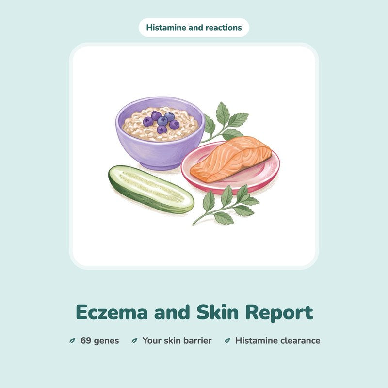 Eczema and Skin Report: an illustrated bowl of oats and blueberries, salmon and cucumber.