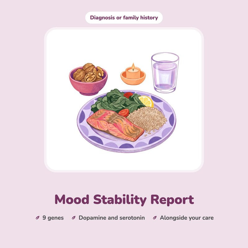 Mood Stability Report: an illustrated plate of salmon, greens and grains with walnuts and a glass of water.
