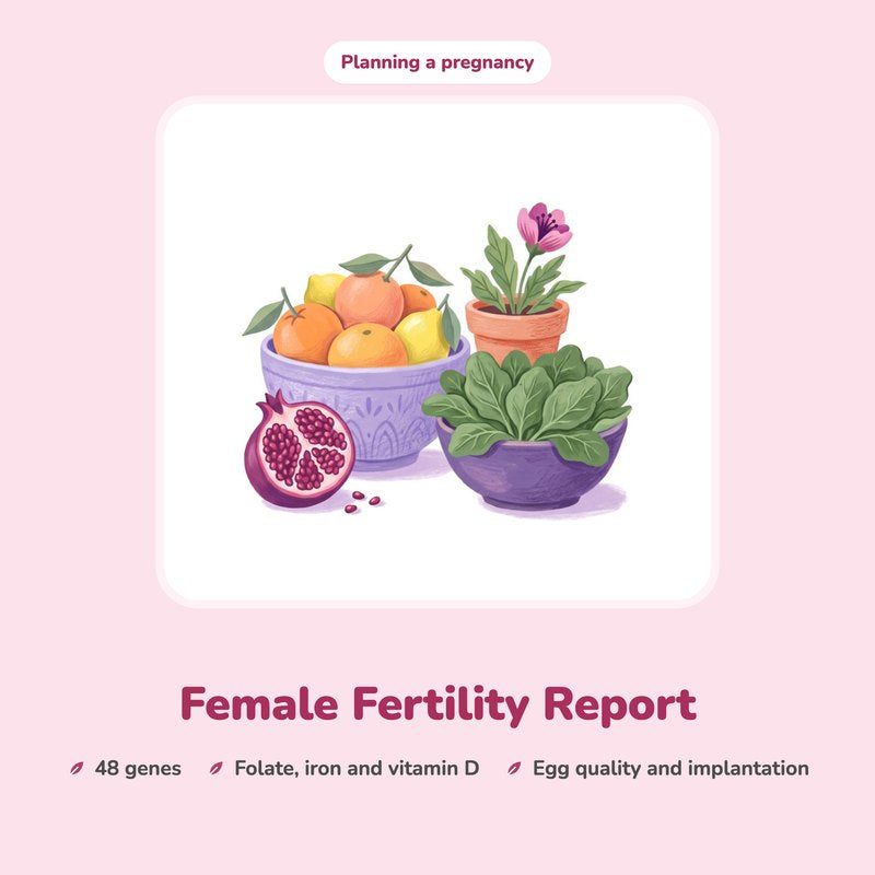 Female Fertility Report: an illustrated bowl of citrus fruit, a pomegranate and a bowl of spinach.