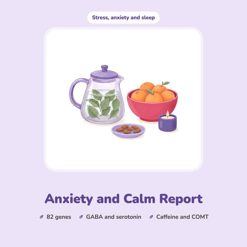 Anxiety and Calm Report: an illustrated pot of mint tea, a bowl of oranges and a dish of almonds.