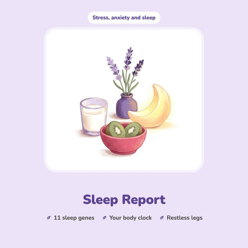 Sleep Report: an illustrated glass of milk, a banana, kiwi and a sprig of lavender.