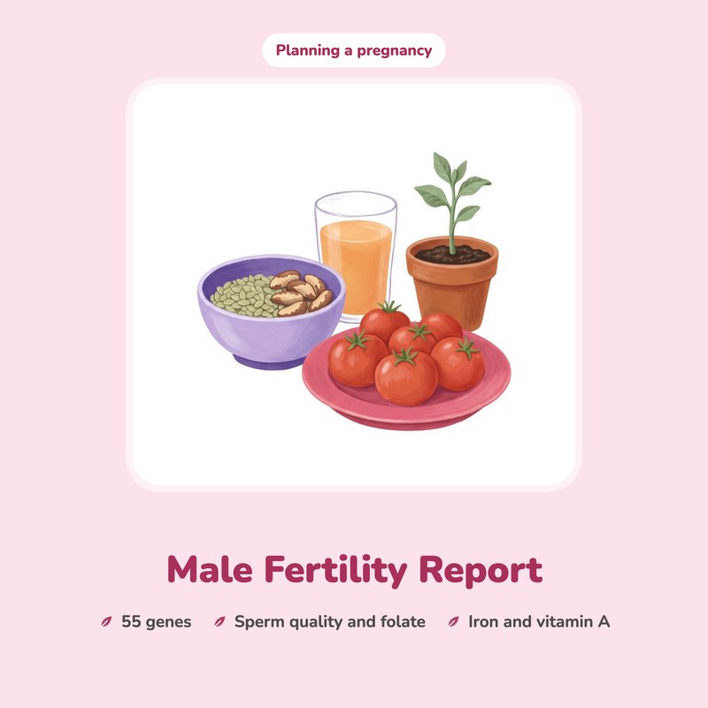 Male Fertility Report: an illustrated plate of tomatoes, a bowl of nuts and seeds and a glass of orange juice.