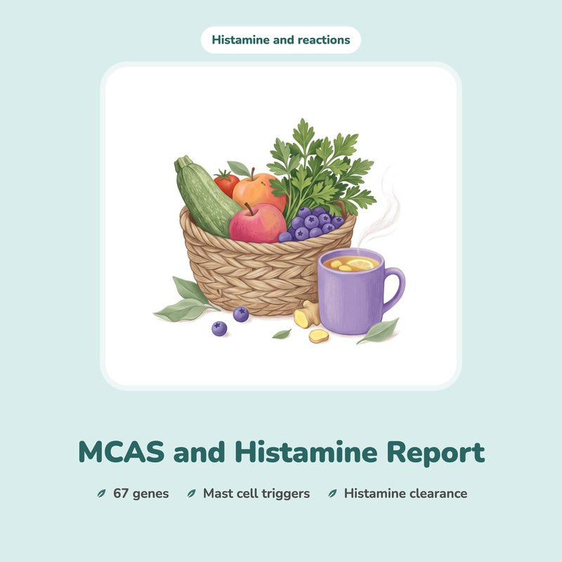 MCAS and Histamine Report: an illustrated basket of fresh vegetables and fruit beside a mug of tea.