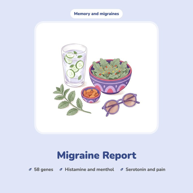 Migraine Report: an illustrated glass of cucumber water, a green salad, almonds and sunglasses.