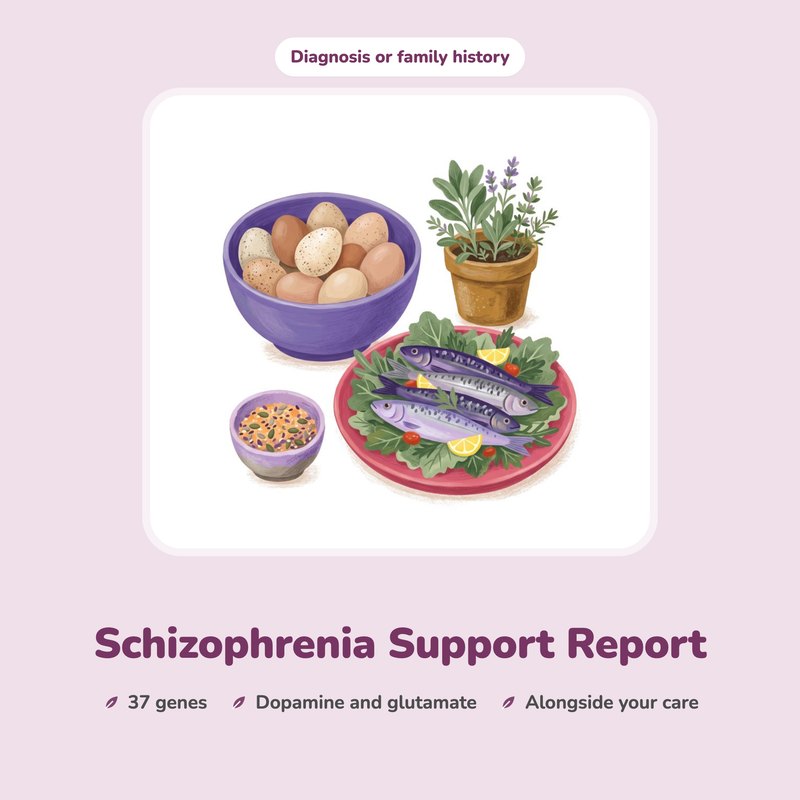 Schizophrenia Support Report: an illustrated bowl of eggs, a plate of sardines and greens, and potted herbs.