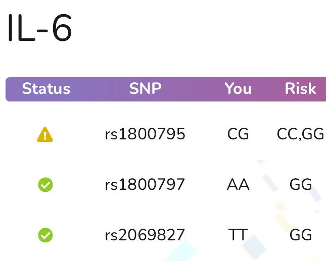 The IL-6 gene page in an example report: a table of variants with the letters read from the file and a status mark for each.