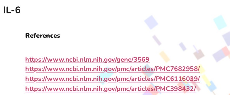 The references listed for the IL-6 gene in the appendix of an example report, as links to the studies and gene records.