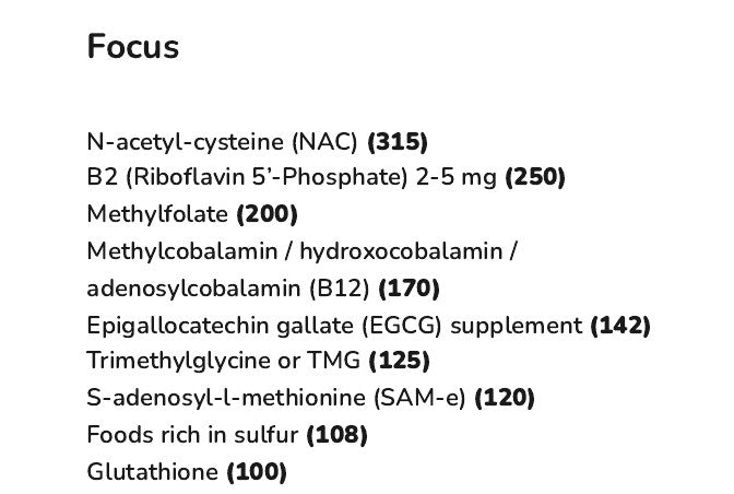 The Focus list in the Recommendations Summary of an example report, starting with N-acetyl-cysteine (NAC) (315), each item with its weighted score in brackets.