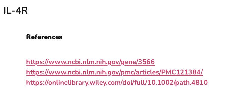 The references listed for the IL-4R gene in the appendix of an example report, as links to the studies and gene records.