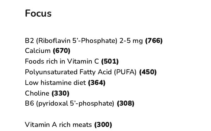 The Focus list in the Recommendations Summary of an example report, starting with B2 (Riboflavin 5’-Phosphate) 2-5 mg (766), each item with its weighted score in brackets.