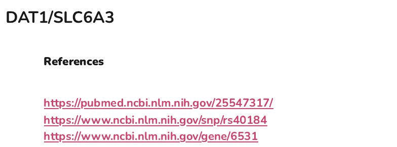 The references listed for the DAT1/SLC6A3 gene in the appendix of an example report, as links to the studies and gene records.