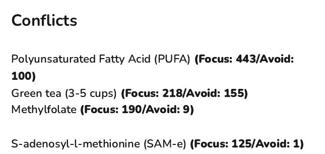 Part of the Conflicts list in an example report, each item with a Focus score and an Avoid score.