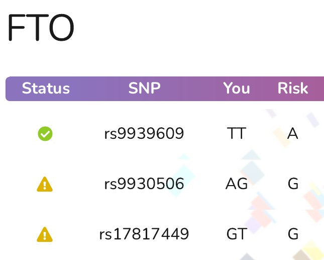 The FTO gene page in an example report: a table of variants with the letters read from the file and a status mark for each.