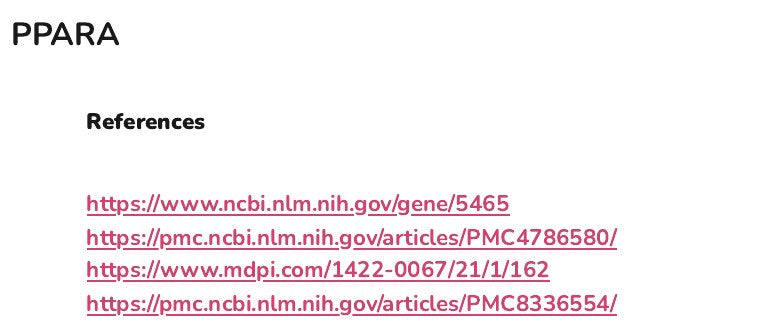 The references listed for the PPARA gene in the appendix of an example report, as links to the studies and gene records.
