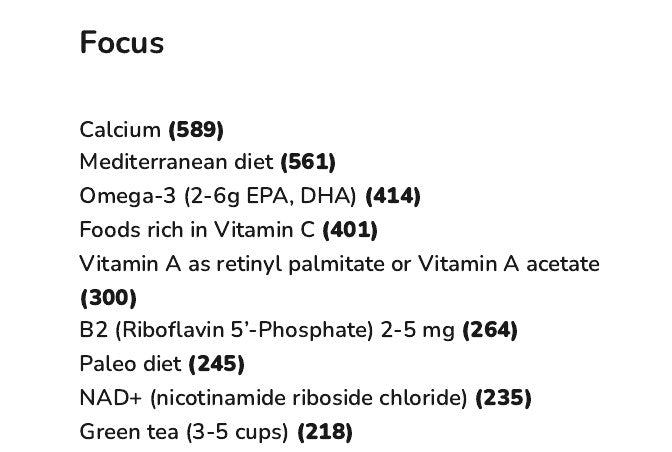 The Focus list in the Recommendations Summary of an example report, starting with Calcium (589), each item with its weighted score in brackets.