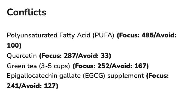 Part of the Conflicts list in an example report, each item with a Focus score and an Avoid score.