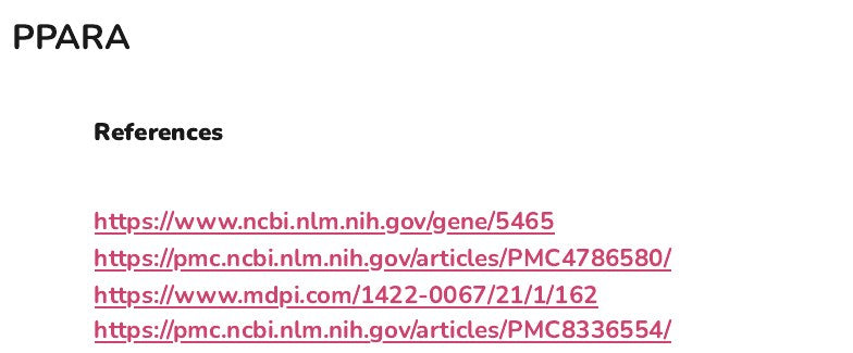 The references listed for the PPARA gene in the appendix of an example report, as links to the studies and gene records.