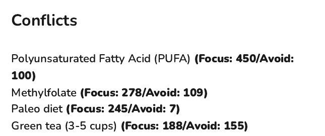 Part of the Conflicts list in an example report, each item with a Focus score and an Avoid score.