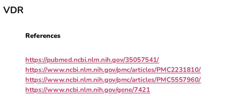 The references listed for the VDR gene in the appendix of an example report, as links to the studies and gene records.