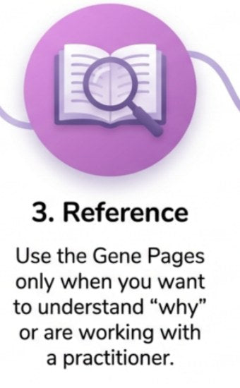 Step 3, Reference: use the Gene Pages only when you want to understand why, or are working with a practitioner.