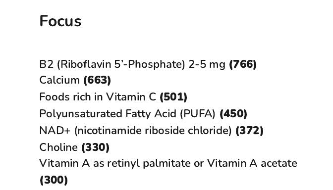 The Focus list in the Recommendations Summary of an example report, starting with B2 (Riboflavin 5’-Phosphate) 2-5 mg (766), each item with its weighted score in brackets.
