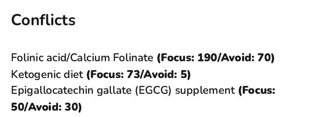 Part of the Conflicts list in an example report, each item with a Focus score and an Avoid score.