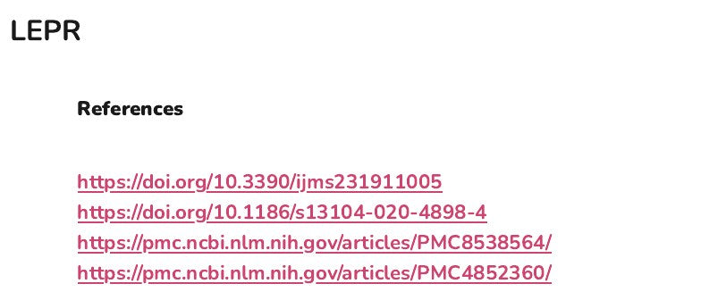 The references listed for the LEPR gene in the appendix of an example report, as links to the studies and gene records.