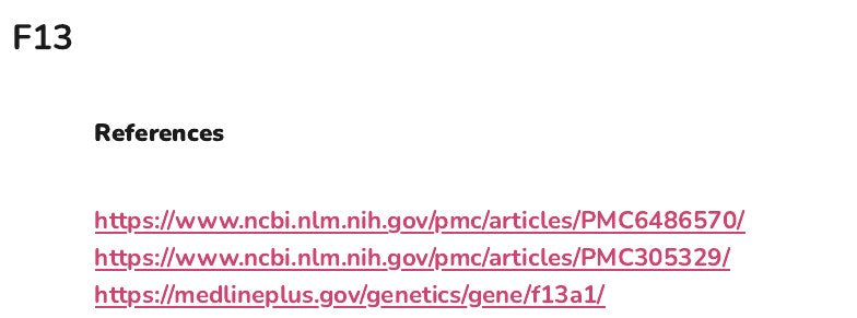 The references listed for the F13 gene in the appendix of an example report, as links to the studies and gene records.