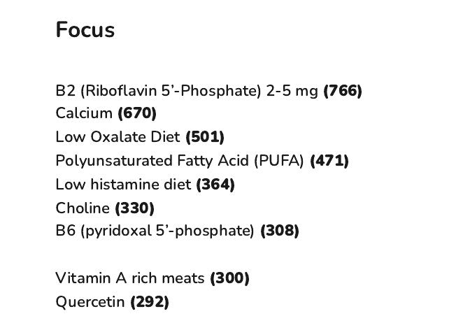 The Focus list in the Recommendations Summary of an example report, starting with B2 (Riboflavin 5’-Phosphate) 2-5 mg (766), each item with its weighted score in brackets.