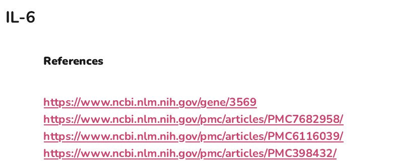 The references listed for the IL-6 gene in the appendix of an example report, as links to the studies and gene records.