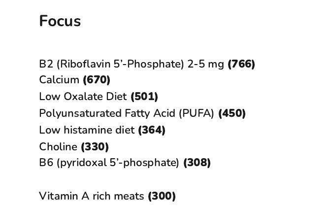 The Focus list in the Recommendations Summary of an example report, starting with B2 (Riboflavin 5’-Phosphate) 2-5 mg (766), each item with its weighted score in brackets.
