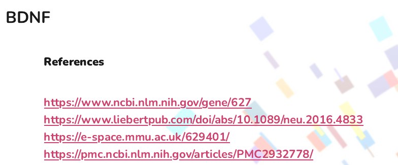 The references listed for the BDNF gene in the appendix of an example report, as links to the studies and gene records.