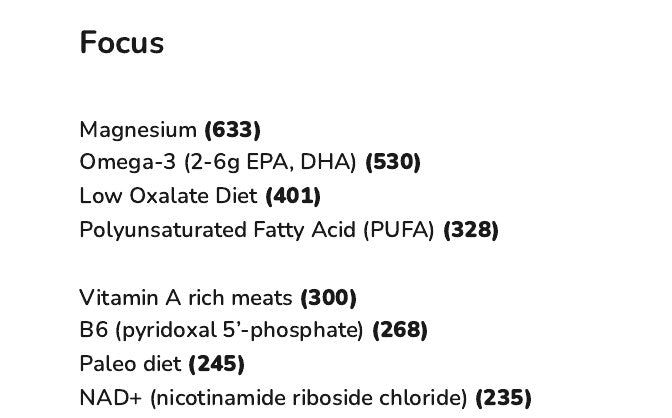The Focus list in the Recommendations Summary of an example report, starting with Magnesium (633), each item with its weighted score in brackets.